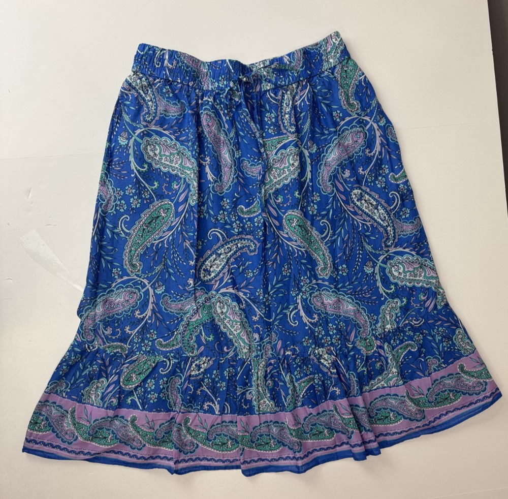 Talbots Petite Blue Paisley Cotton Midi Skirt MP Boho Cottagcore Lined Medium
